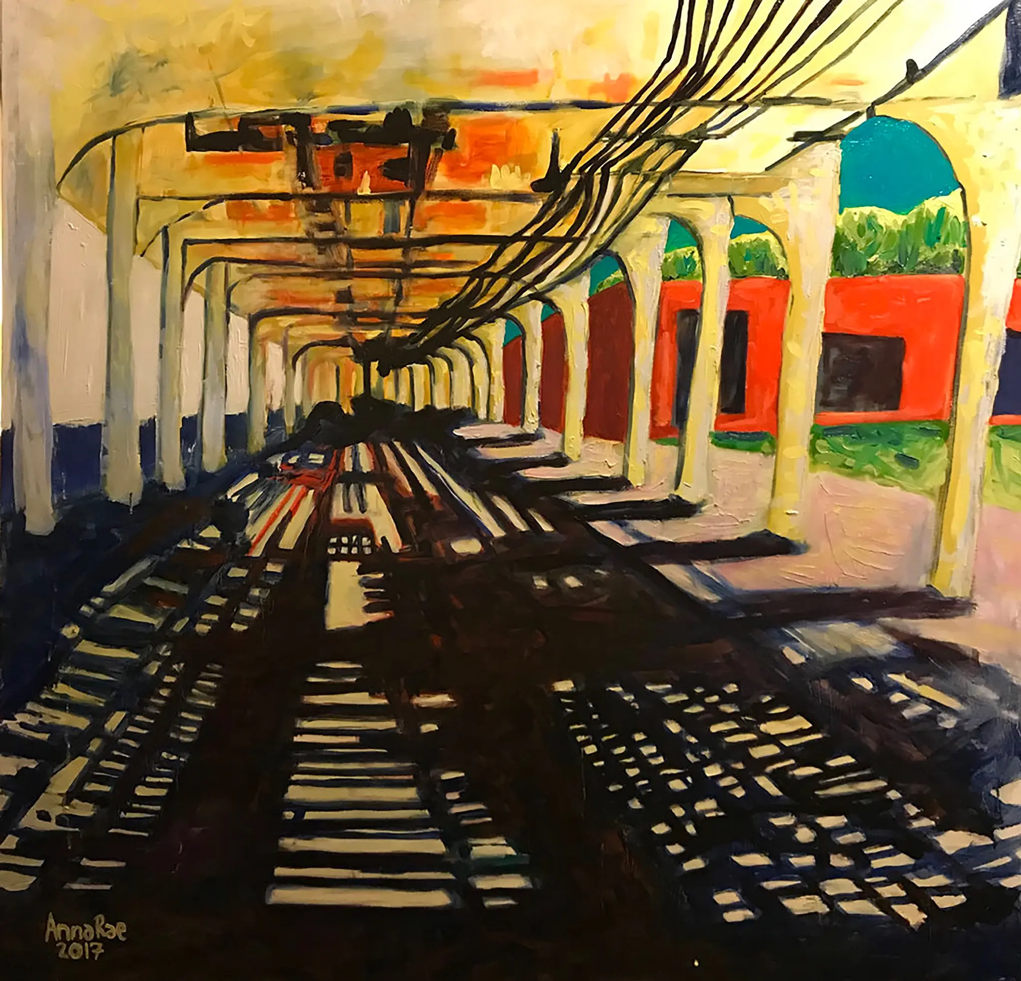 Painting looking through the repeating columns and tracks beneath the Lake Street elevated line.