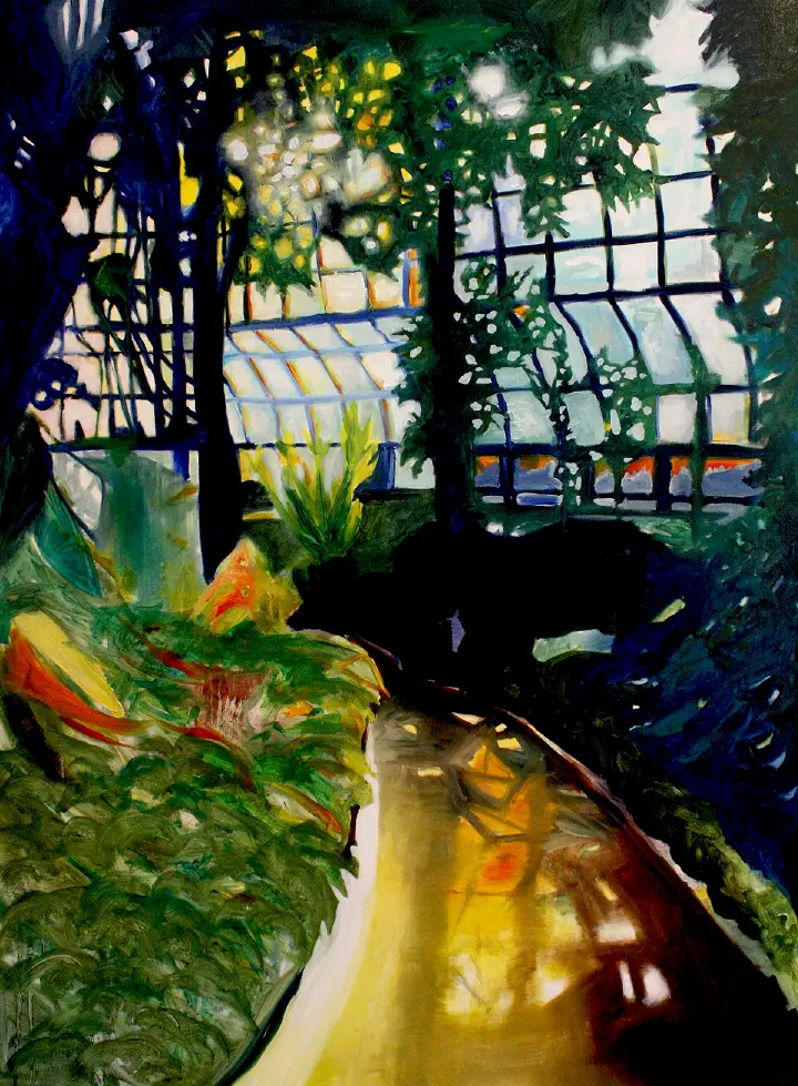 Dark, luminous interior painting of Heart Opener at the Lincoln Park Conservatory.