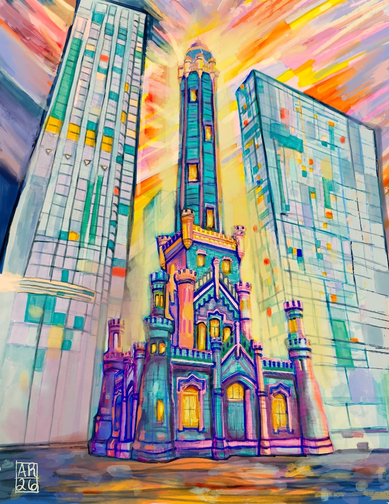 Colorful illustration of the historic Chicago Water Tower rising between modern skyscrapers.