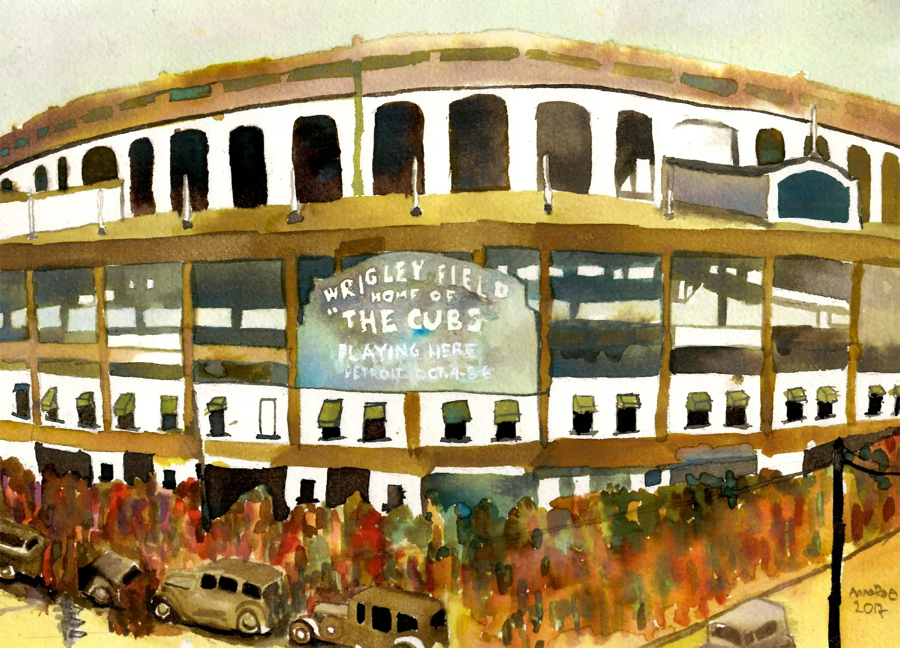 Watercolor of Wrigley Field and a crowd beneath the historic marquee.