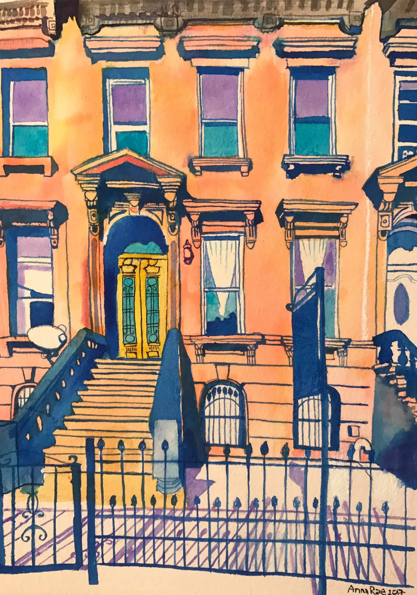 Watercolor commission of a warm peach brownstone with a blue iron fence.