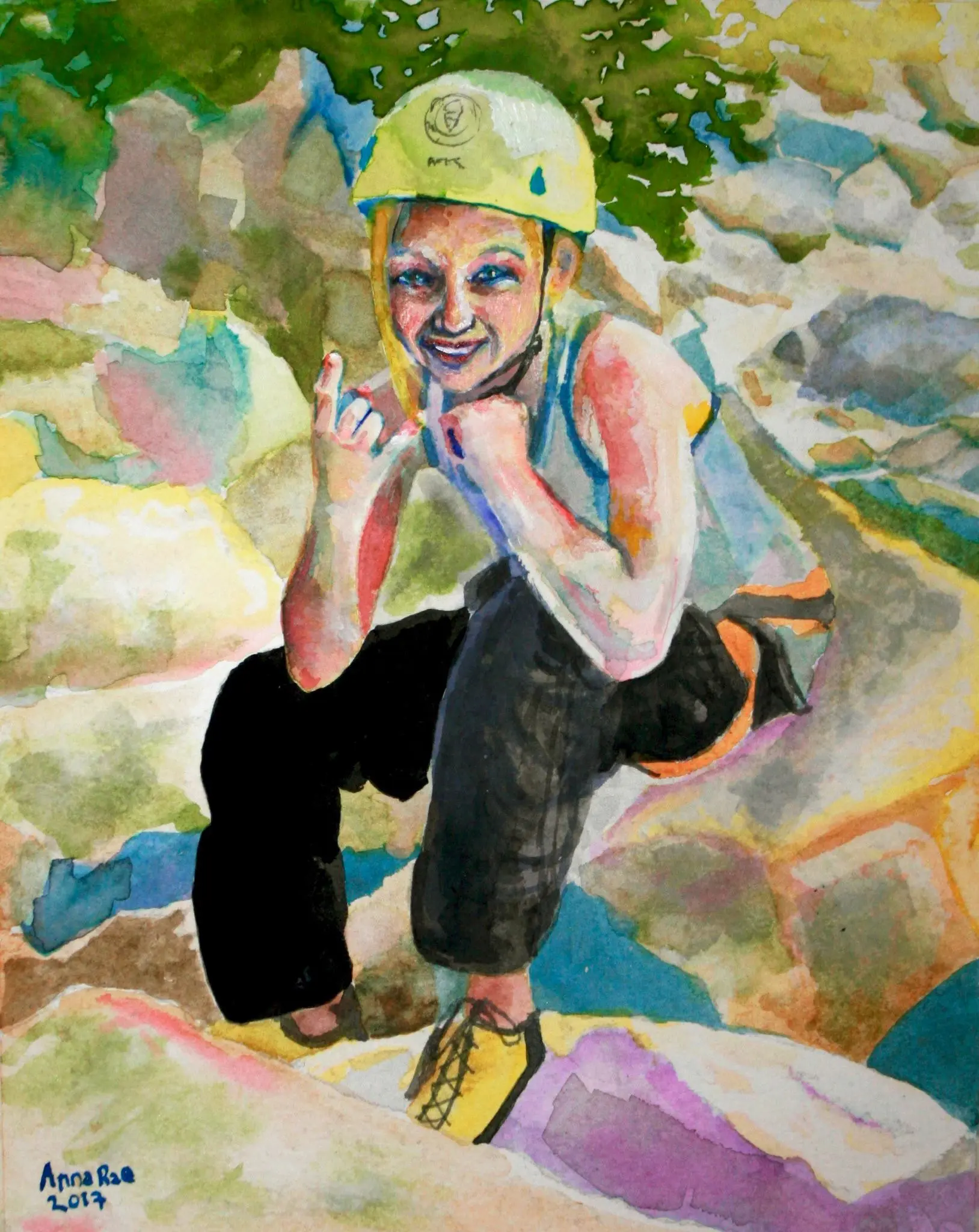 Watercolor portrait of a smiling climber in a helmet among colorful rocks.