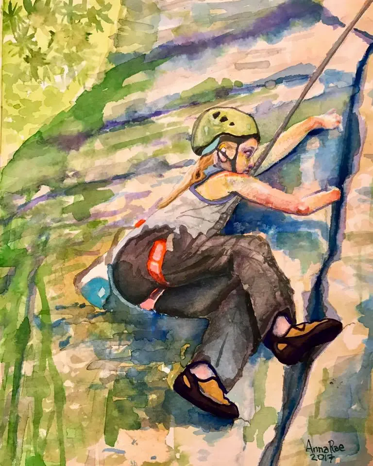 Watercolor portrait of a climber ascending a rock face.