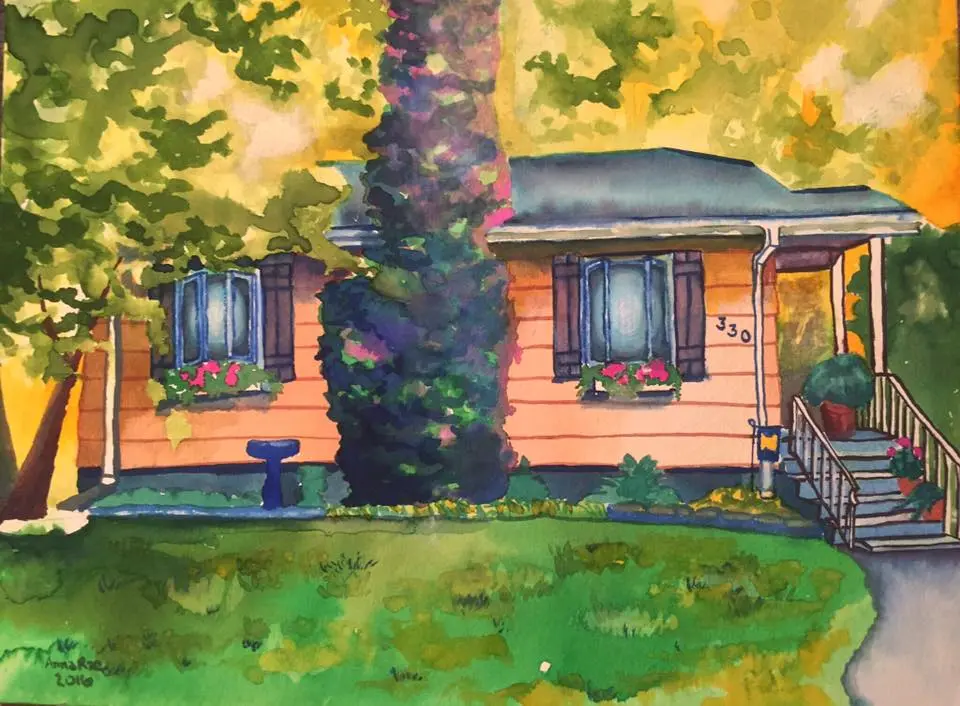 Watercolor commission of a peach cottage with flower boxes and a tall evergreen.