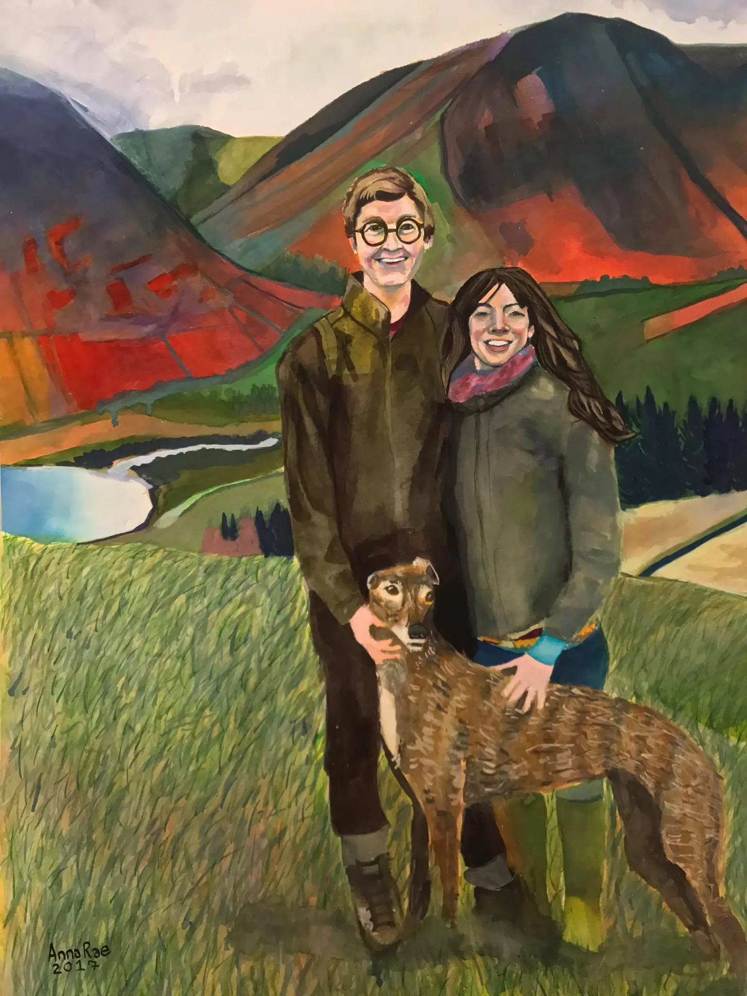 Watercolor commission of a couple and their dog in a mountain landscape.