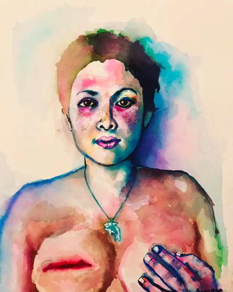 Colorful watercolor portrait of a woman rendered in pinks, blues, and greens.