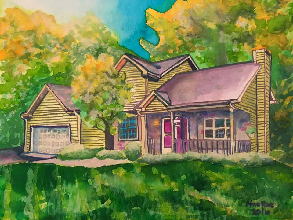 Watercolor commission of a green home surrounded by summer trees.