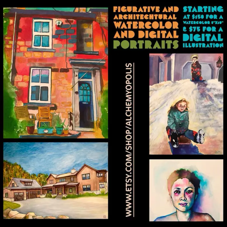 Commission guide featuring architectural, figurative, watercolor, and digital portraits.