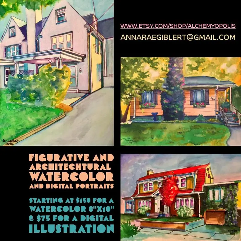Commission guide featuring three colorful architectural watercolor portraits.