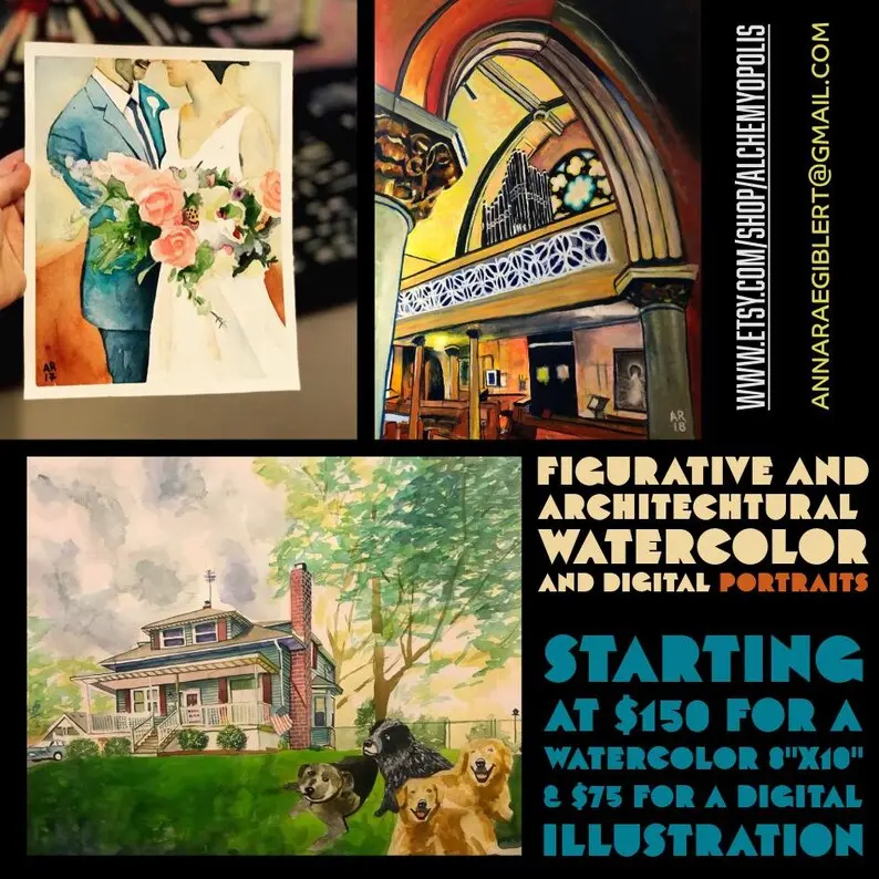 Commission guide featuring a wedding portrait, architectural interior, home, and dogs.