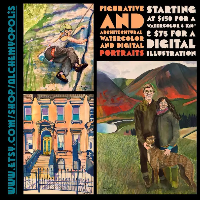 Commission guide featuring a climber, brownstone, and family with a dog.