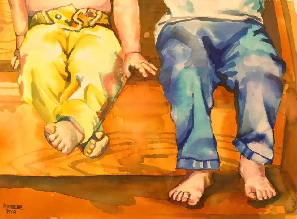 Watercolor commission focused on two seated people holding hands.