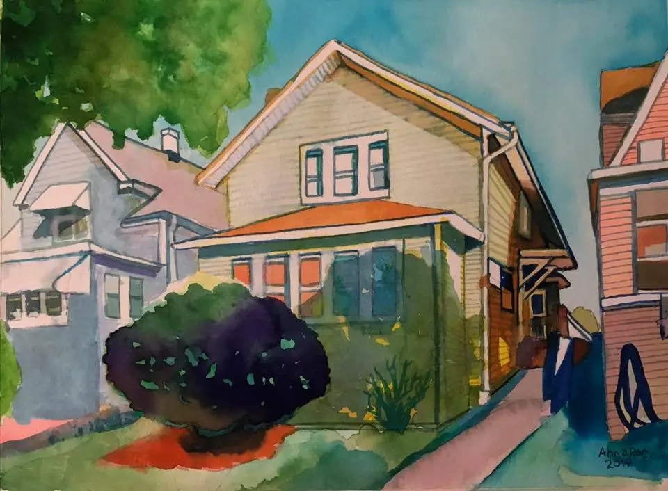 Watercolor commission of a neighborhood home framed by neighboring houses.