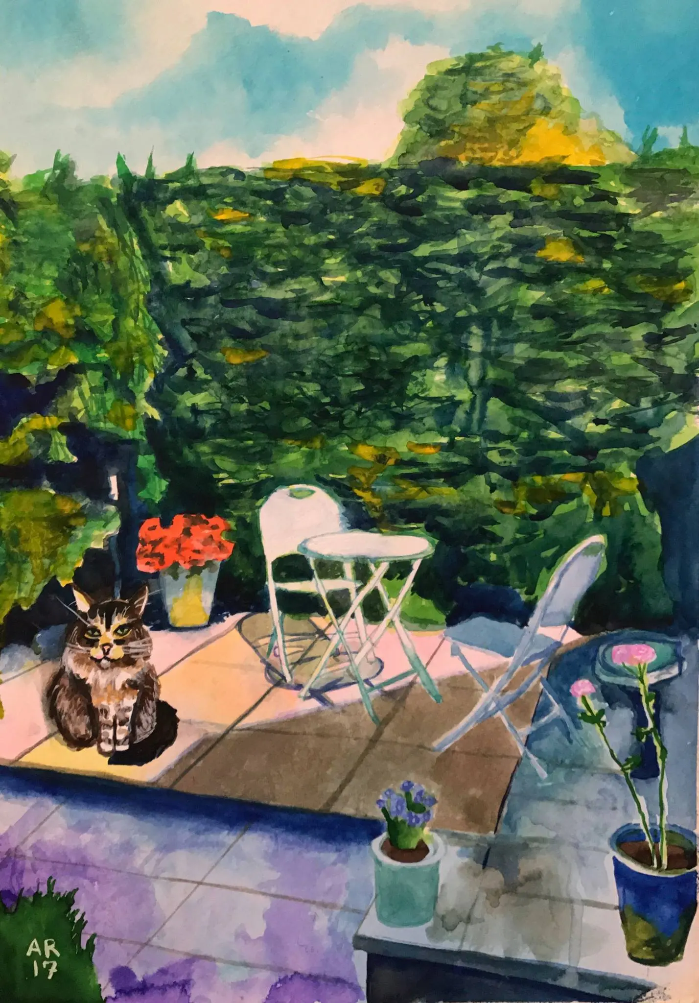 Watercolor commission of a cat seated on a lush garden patio.