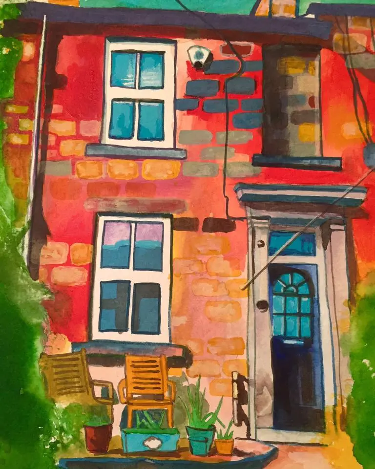 Watercolor commission of a vivid red brick home with a blue door.