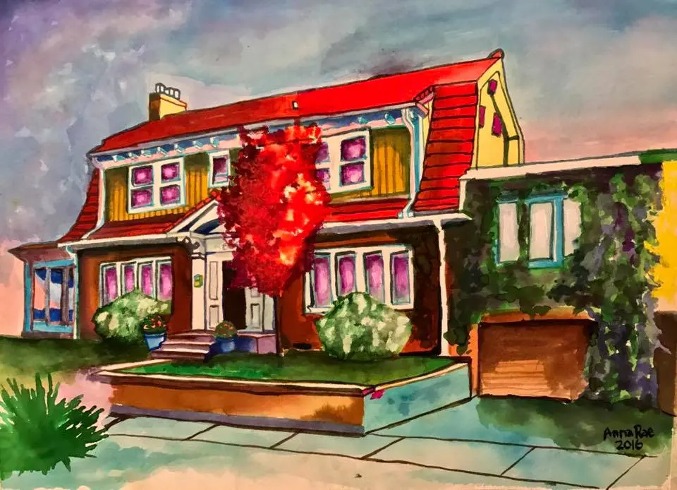 Watercolor commission of a large home with a bright red roof and autumn tree.