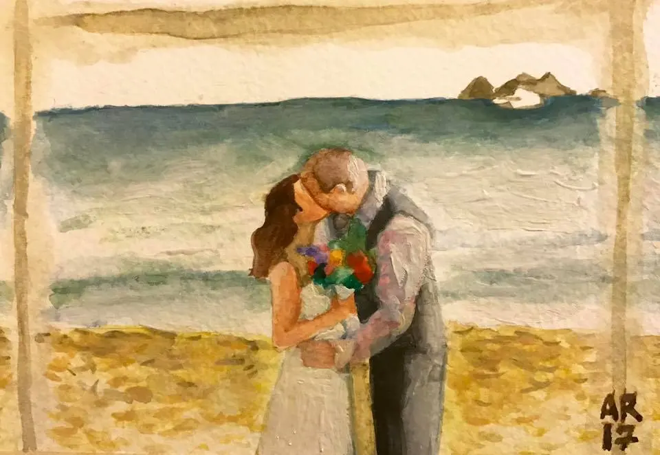 Watercolor commission of a newly married couple embracing beside the sea.