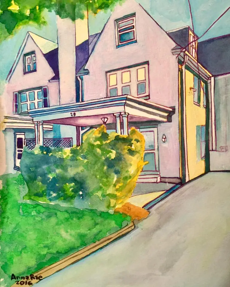Watercolor commission of a white house with a shaded porch and garden.