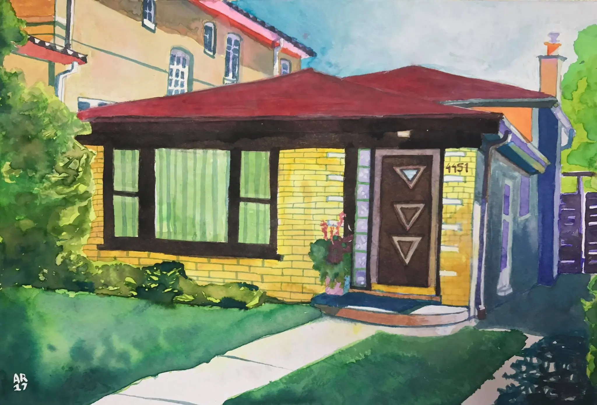 Watercolor commission of a yellow brick home with a red roof.