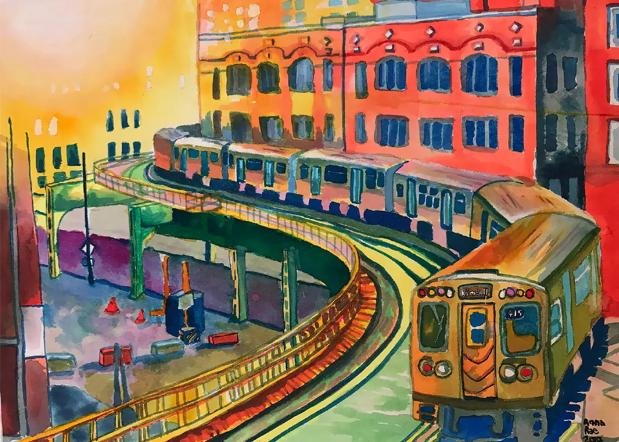 Painting of a Chicago Brown Line train curving through warm-colored city buildings.