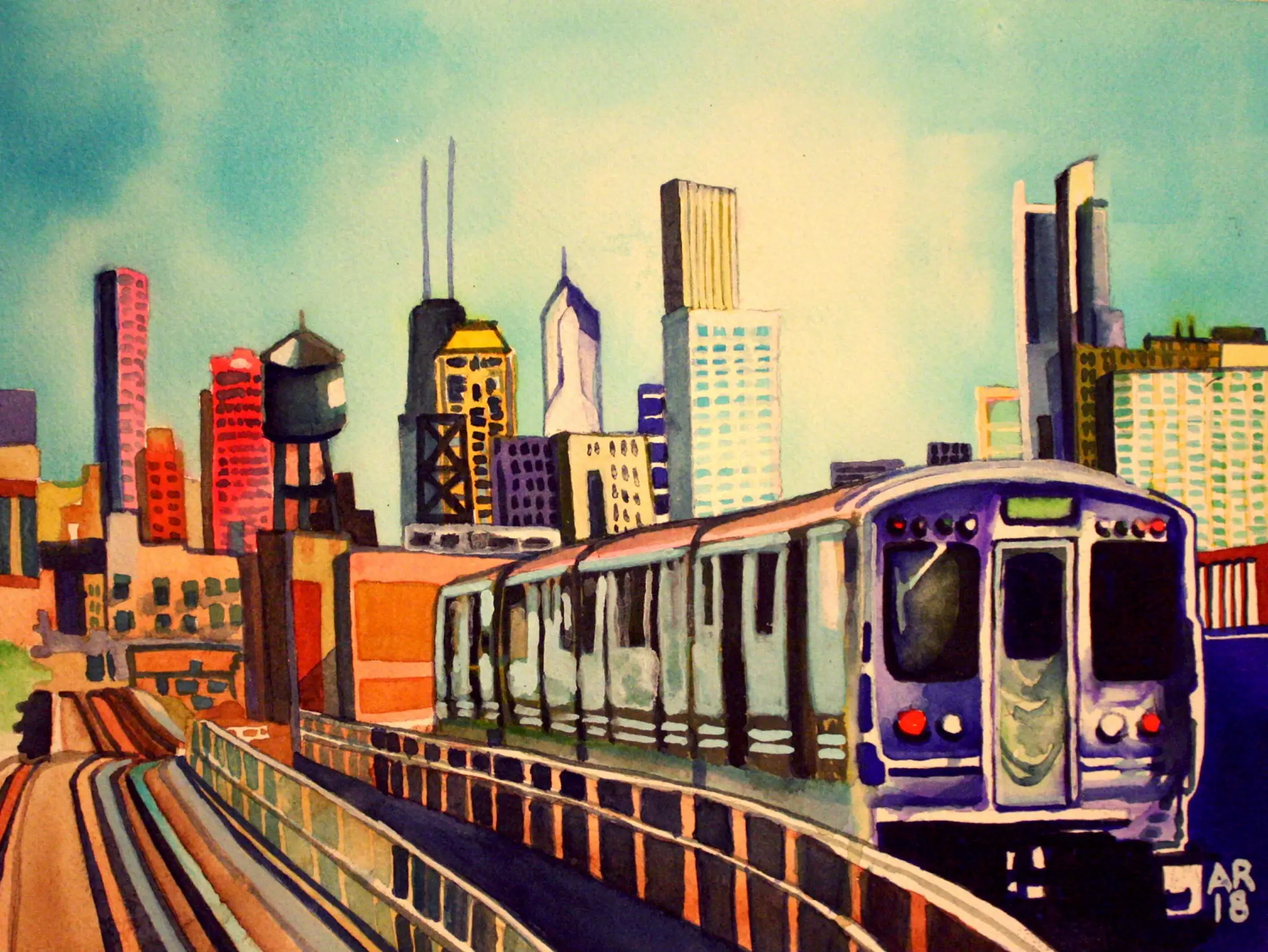 Painting of a Chicago Green Line train with the downtown skyline behind it.
