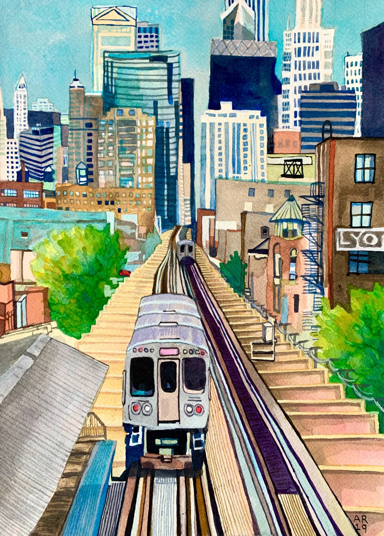 Vertical painting of a Chicago Pink Line train approaching through a dense cityscape.