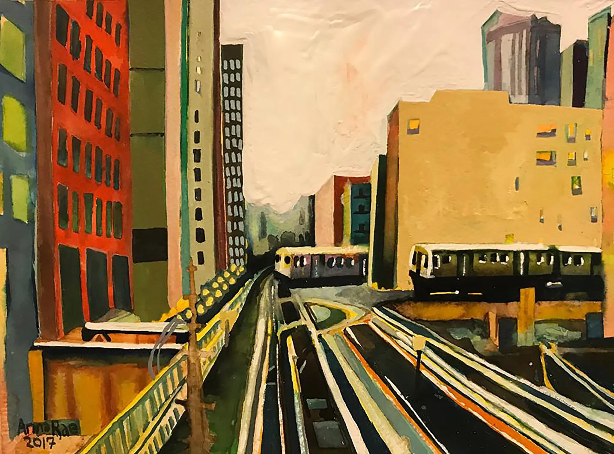 Painting of two Chicago Red Line trains winding through downtown buildings.