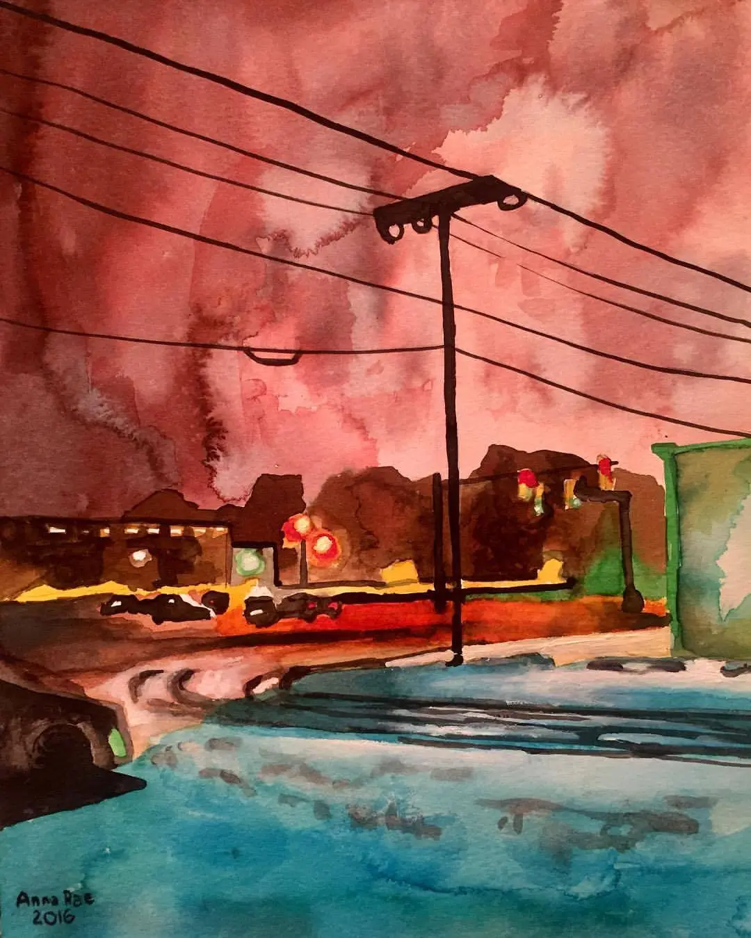 Watercolor of a snowy city street and utility lines beneath a rose-colored night sky.