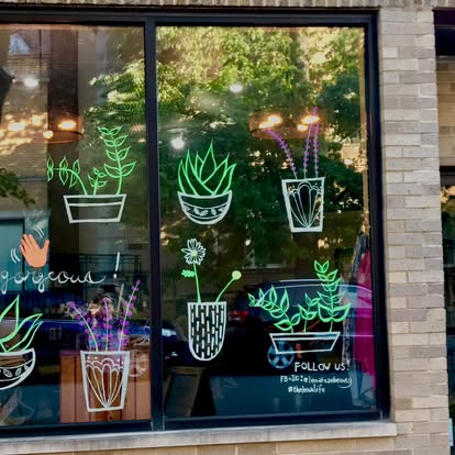 White and green botanical drawings painted across a storefront window.