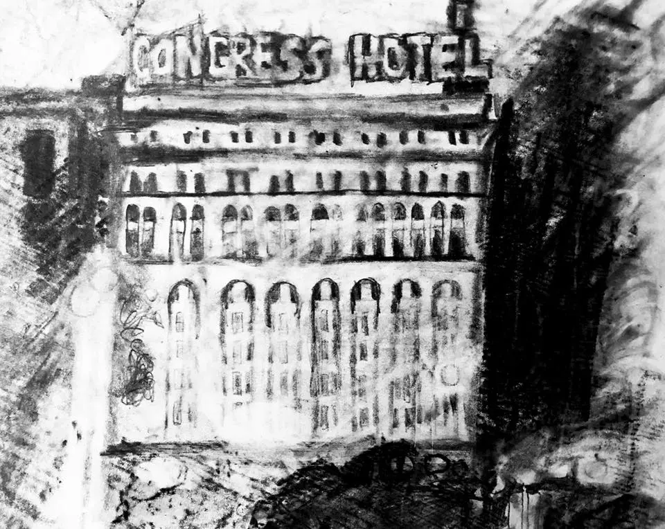 Expressive charcoal drawing of the Congress Hotel facade in Chicago.