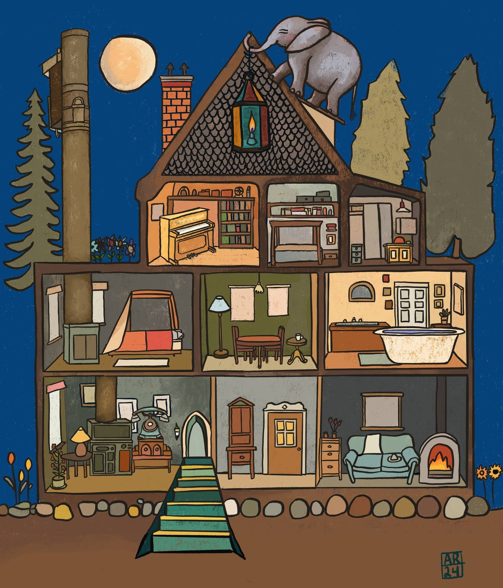 Cutaway digital illustration of a moonlit house filled with warm rooms, surrounded by trees and topped by an elephant.