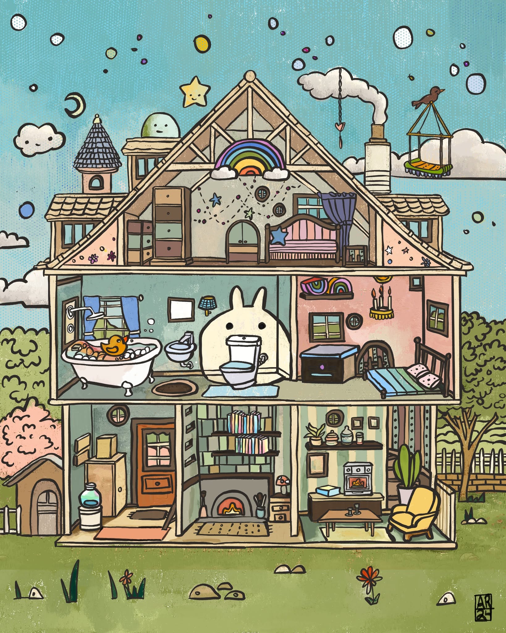 Whimsical cutaway digital illustration of a pastel house with a rainbow attic, rabbit bathroom, library, and garden.