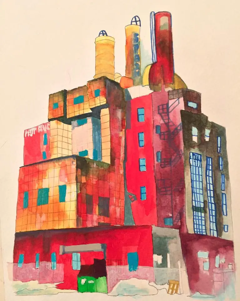 Colorful watercolor portrait of the Lynch Factory and its rooftop stacks.