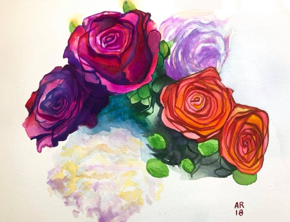Watercolor study of deep red, purple, orange, and pale lavender roses.