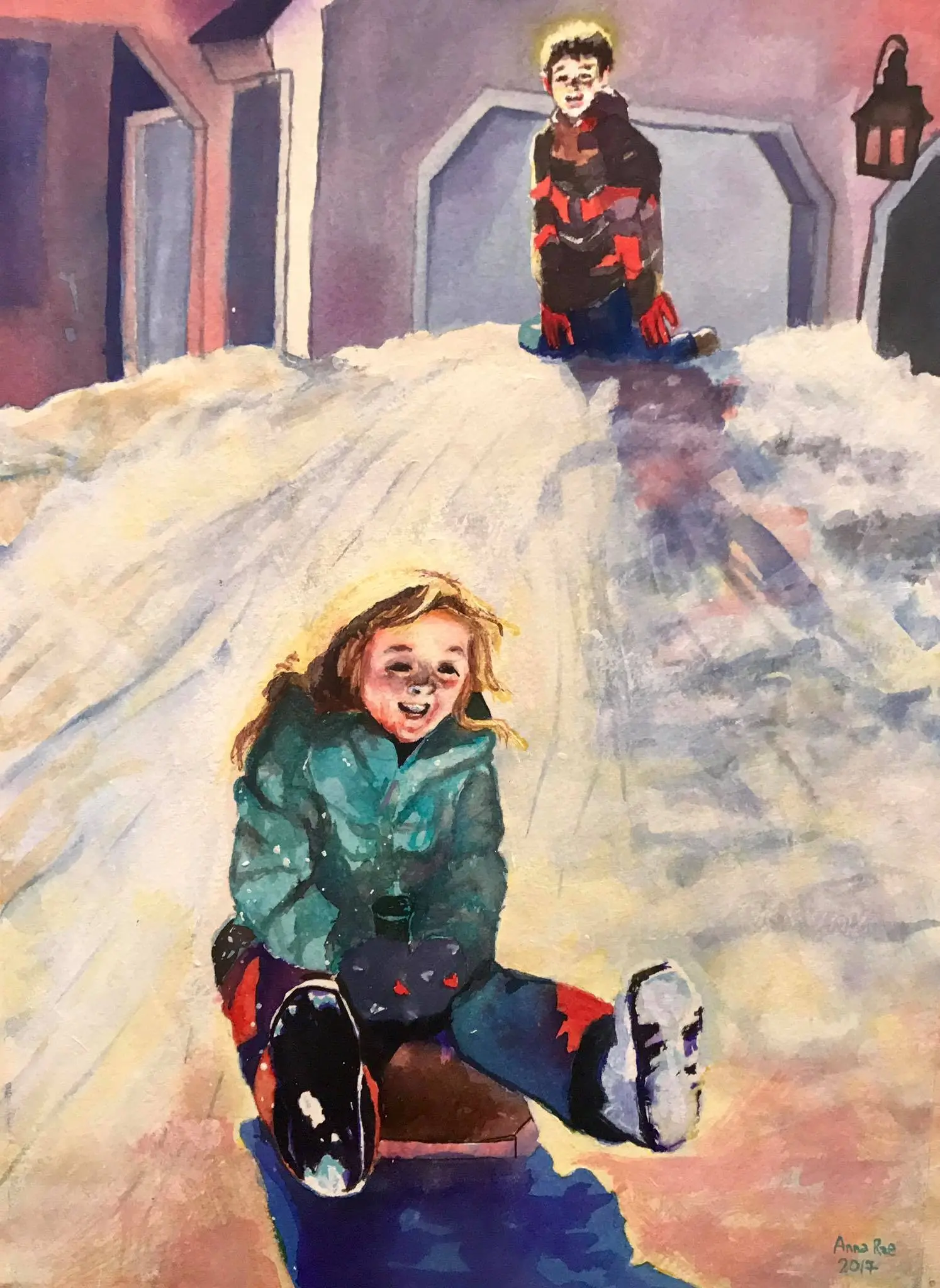 Watercolor portrait of two children playing on a snowy hill.