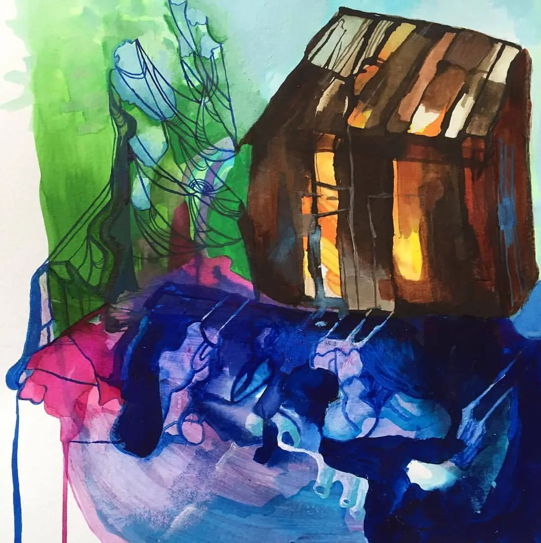 Layered watercolor composition inspired by Tennessee Williams, with figures and a glowing house.