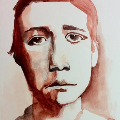 Minimal watercolor portrait painted in translucent umber tones.